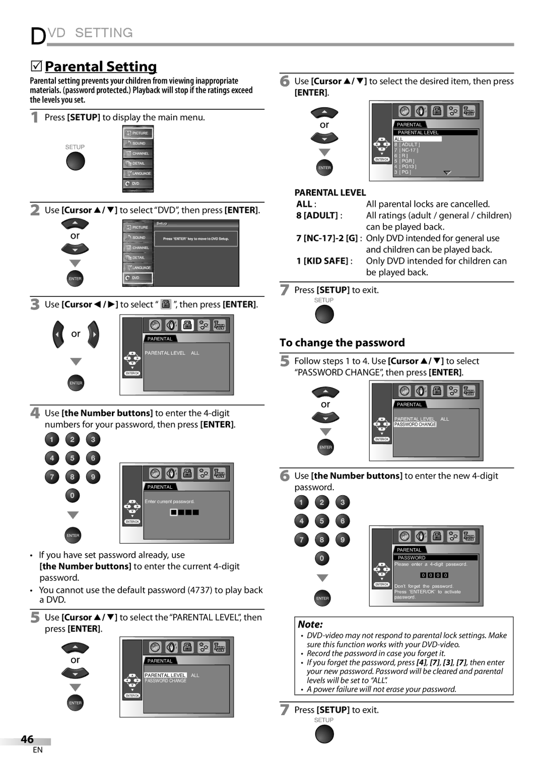 Sylvania LD190SS1 owner manual  Parental Setting, If you have set password already, use, Parental Level 