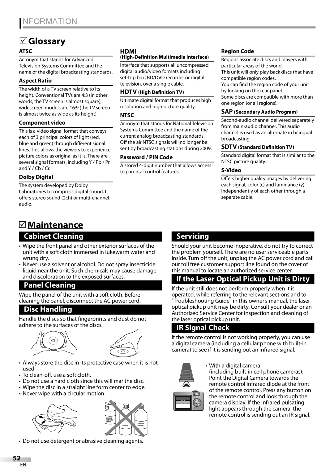 Sylvania LD190SS1 owner manual Information,  Glossary,  Maintenance, Ntsc 