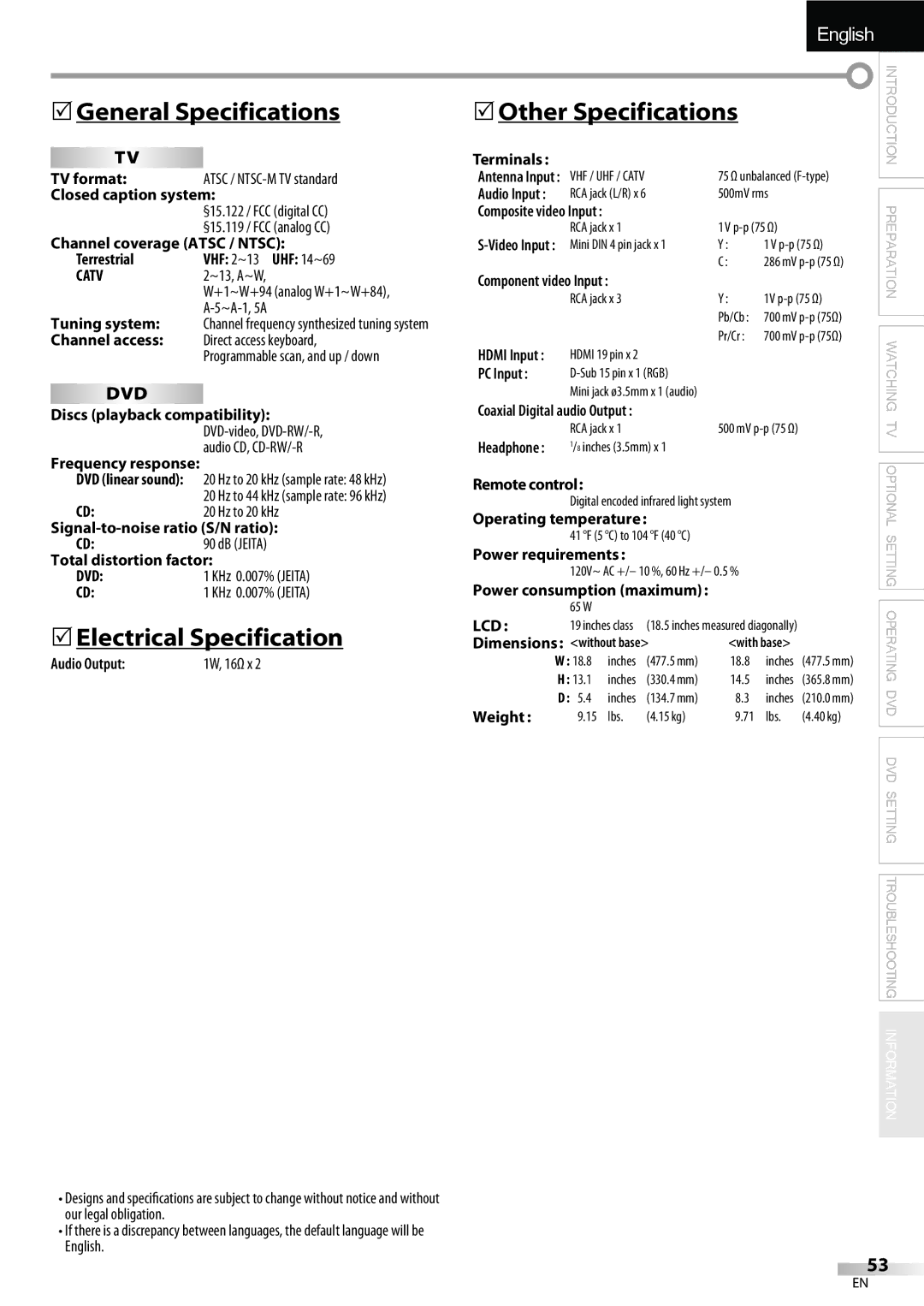 Sylvania LD190SS1 owner manual  General Specifications,  Electrical Specification, Other Specifications, Catv, Lcd 