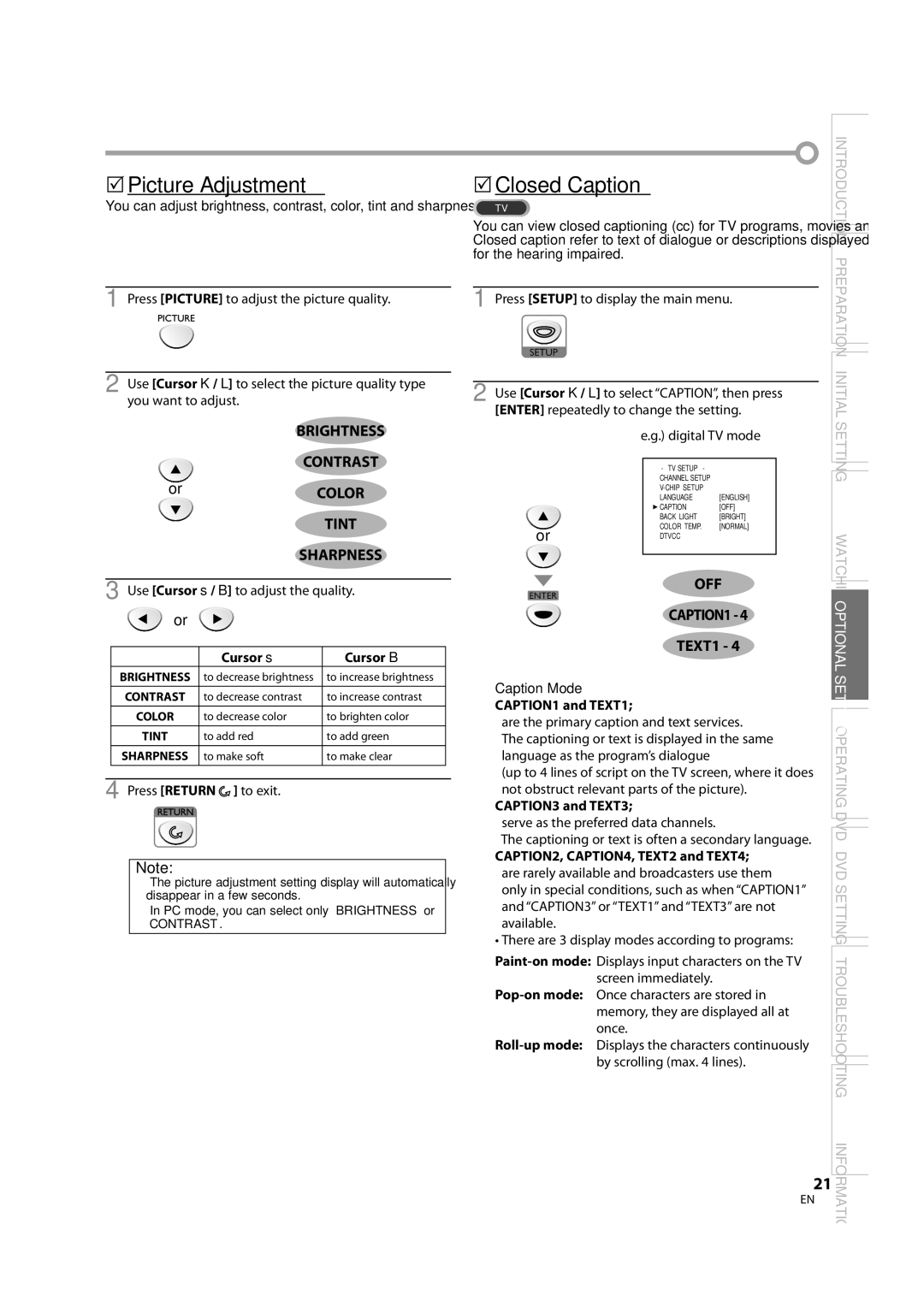 Sylvania LD195SL8 A owner manual 5Picture Adjustment, 5Closed Caption, Caption Mode 