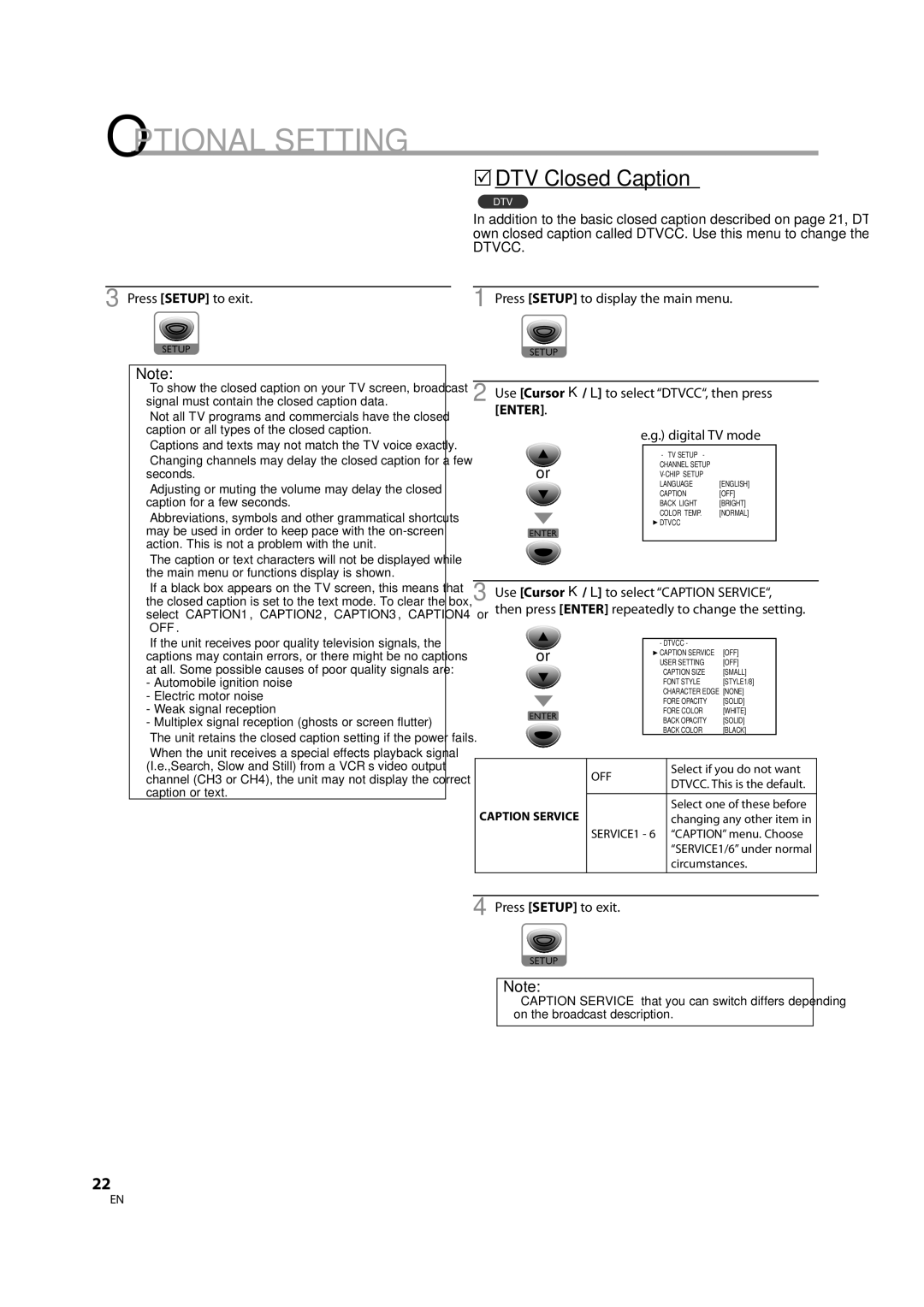 Sylvania LD195SL8 A owner manual 5DTV Closed Caption, Press Setup to exit Press Setup to display the main menu 