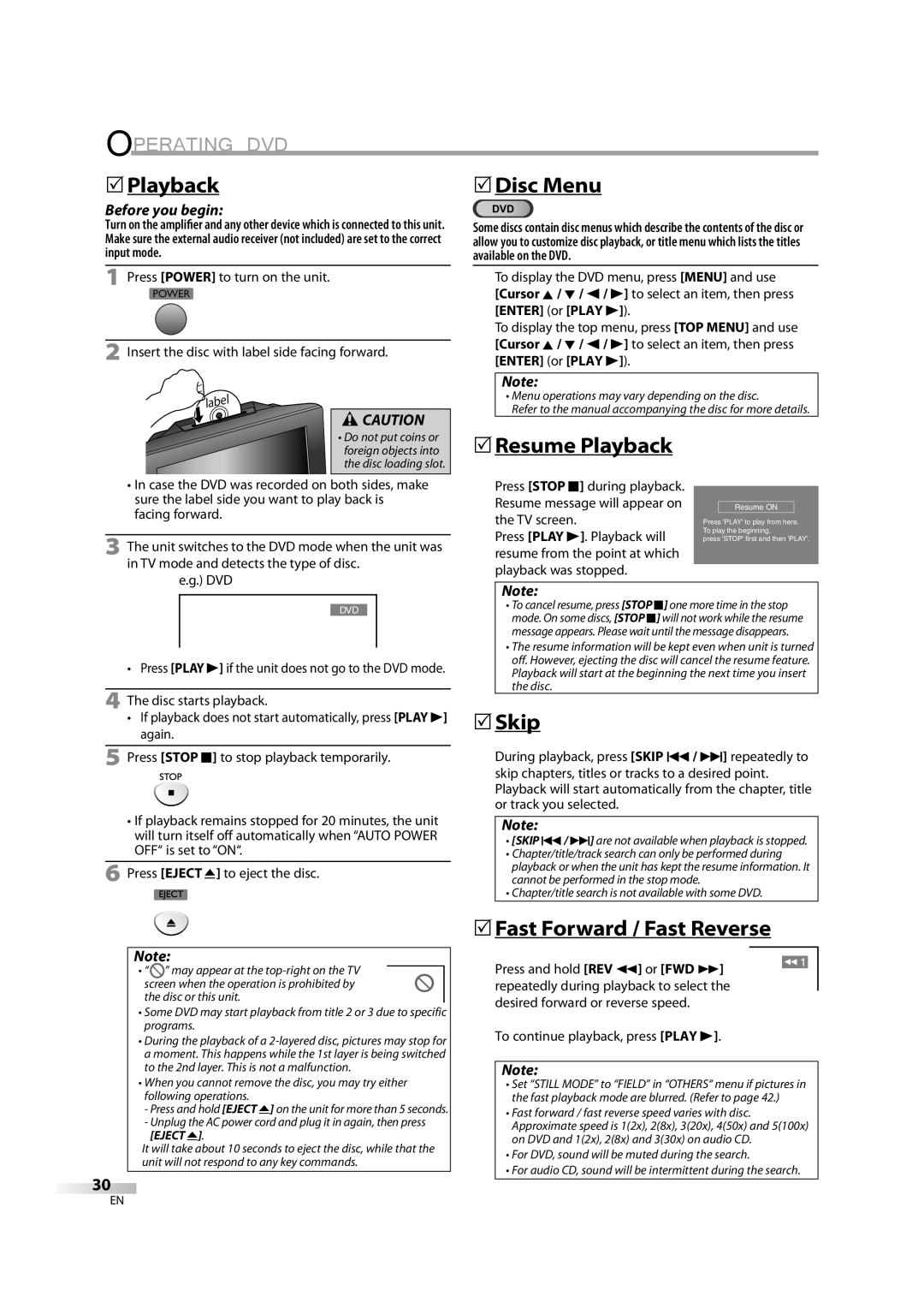 Sylvania LD195SL8 A owner manual 5Playback, 5Resume Playback, Skip, 5Fast Forward / Fast Reverse 