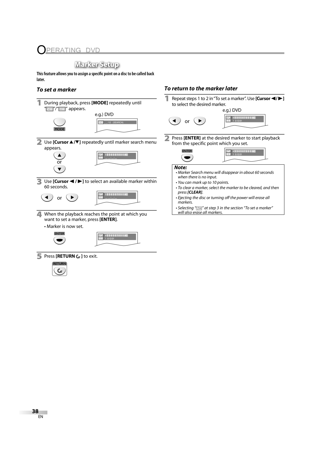 Sylvania LD195SL8 A owner manual Marker Setup, During playback, press Mode repeatedly until / appears DVD 