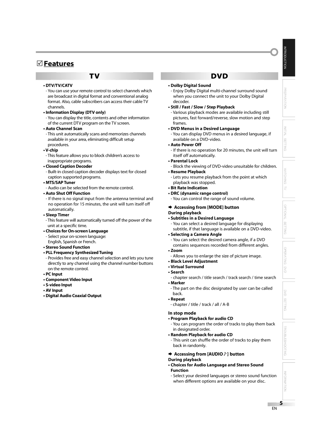 Sylvania LD195SL8 A owner manual Features, ¨ Accessing from Mode button, Stop mode, ¨ Accessing from Audio button 