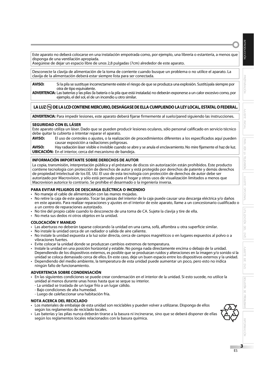 Sylvania LD195SL8 A Seguridad CON EL Láser, Información Importante Sobre Derechos DE Autor, Colocación Y Manejo 