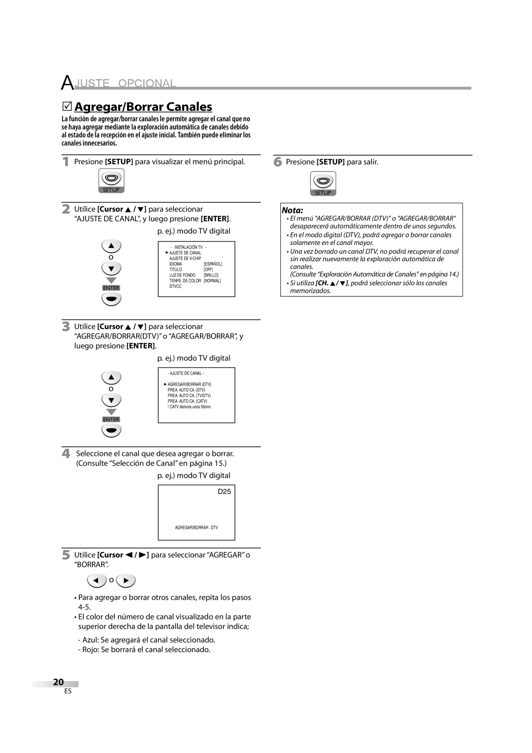 Sylvania LD195SL8 A owner manual Ajuste Opcional, 5Agregar/Borrar Canales 