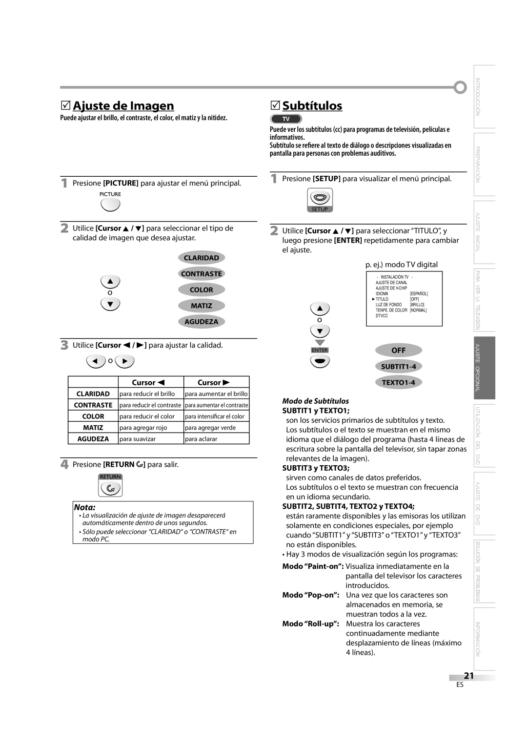 Sylvania LD195SL8 A owner manual 5Ajuste de Imagen, 5Subtítulos, Modo de Subtítulos 