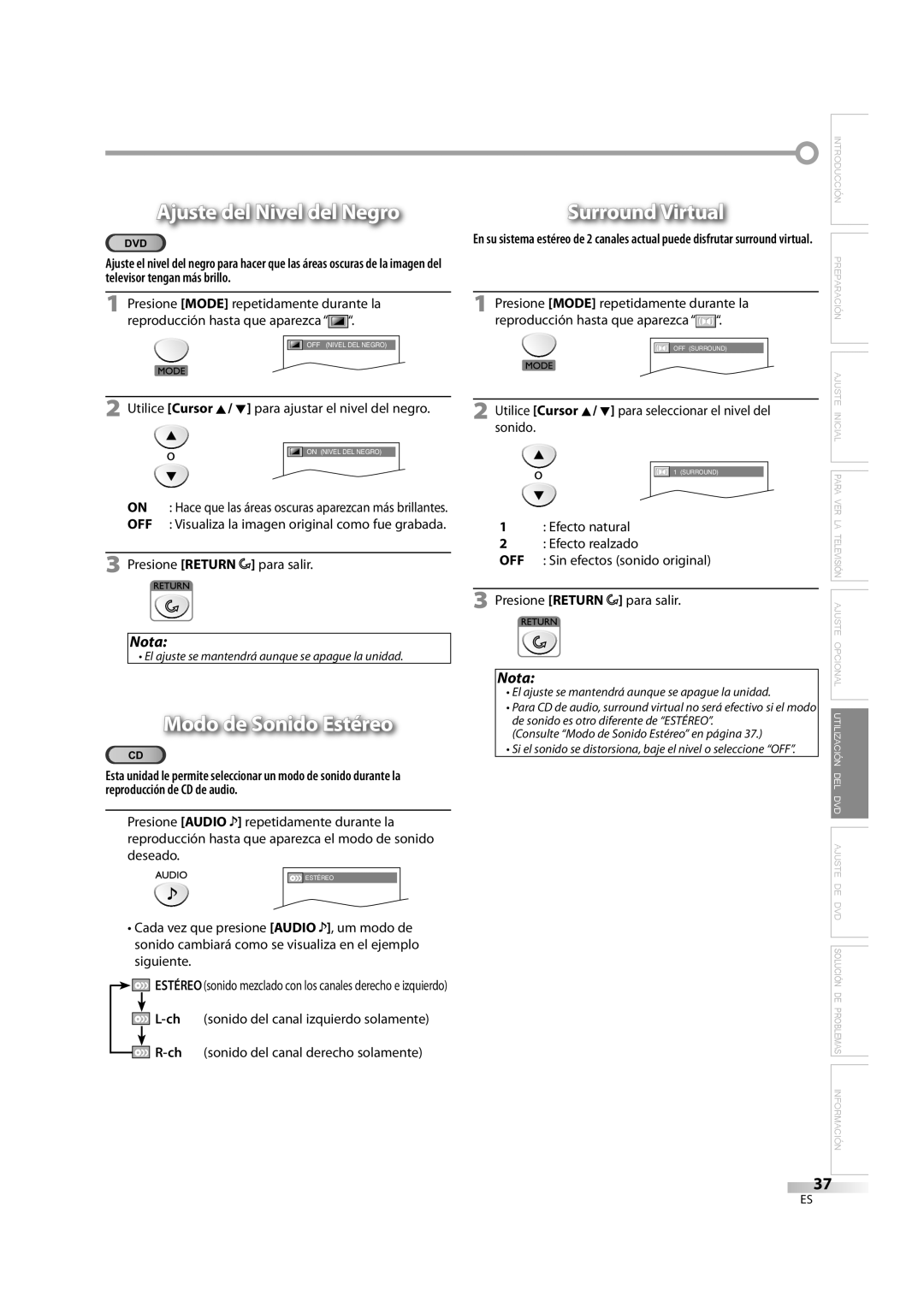 Sylvania LD195SL8 A owner manual Ajuste del Nivel del Negro, Modo de Sonido Estéreo, Surround Virtual 