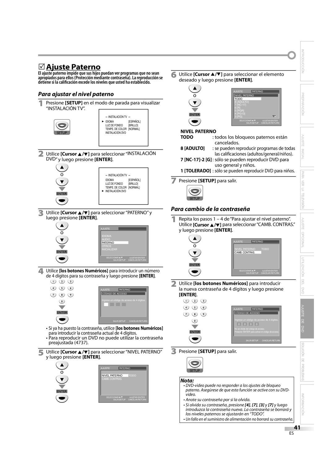 Sylvania LD195SL8 A owner manual 5Ajuste Paterno, Nivel Paterno, Adulto, Utilice los botones Numéricos para introducir 