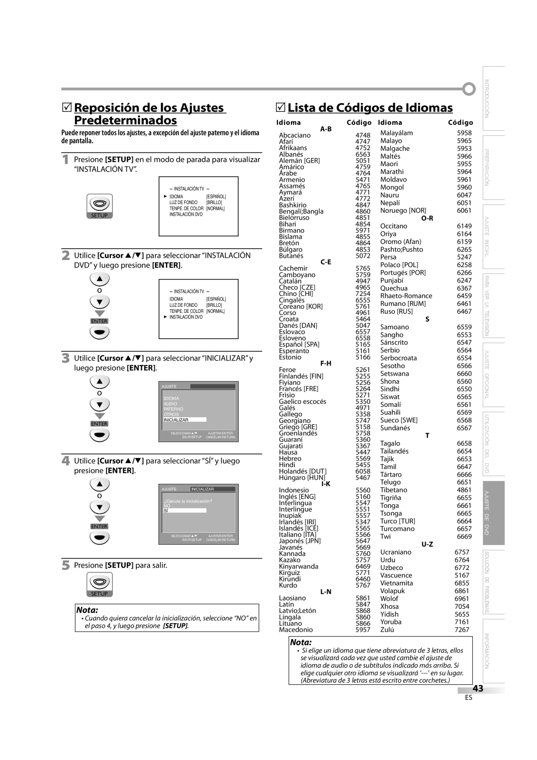 Sylvania LD195SL8 A owner manual 5Reposición de los Ajustes 5Lista de Códigos de Idiomas, Predeterminados, Idioma Código 