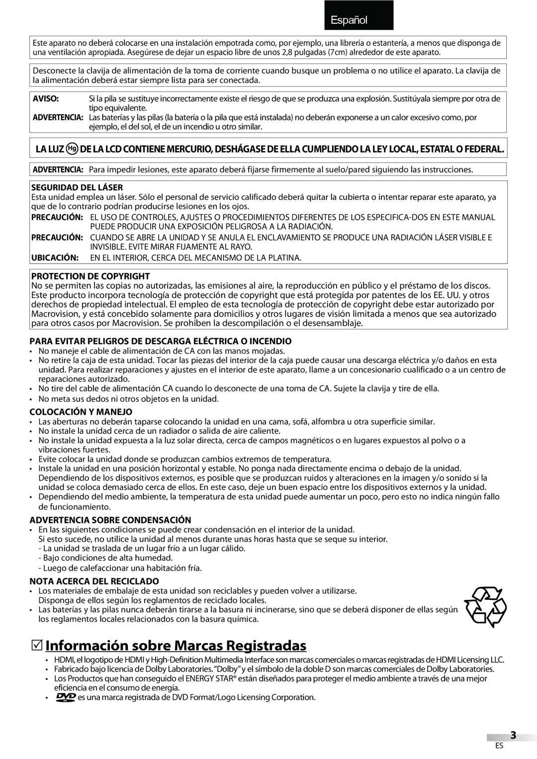 Sylvania LD195SSX owner manual 5Información sobre Marcas Registradas 