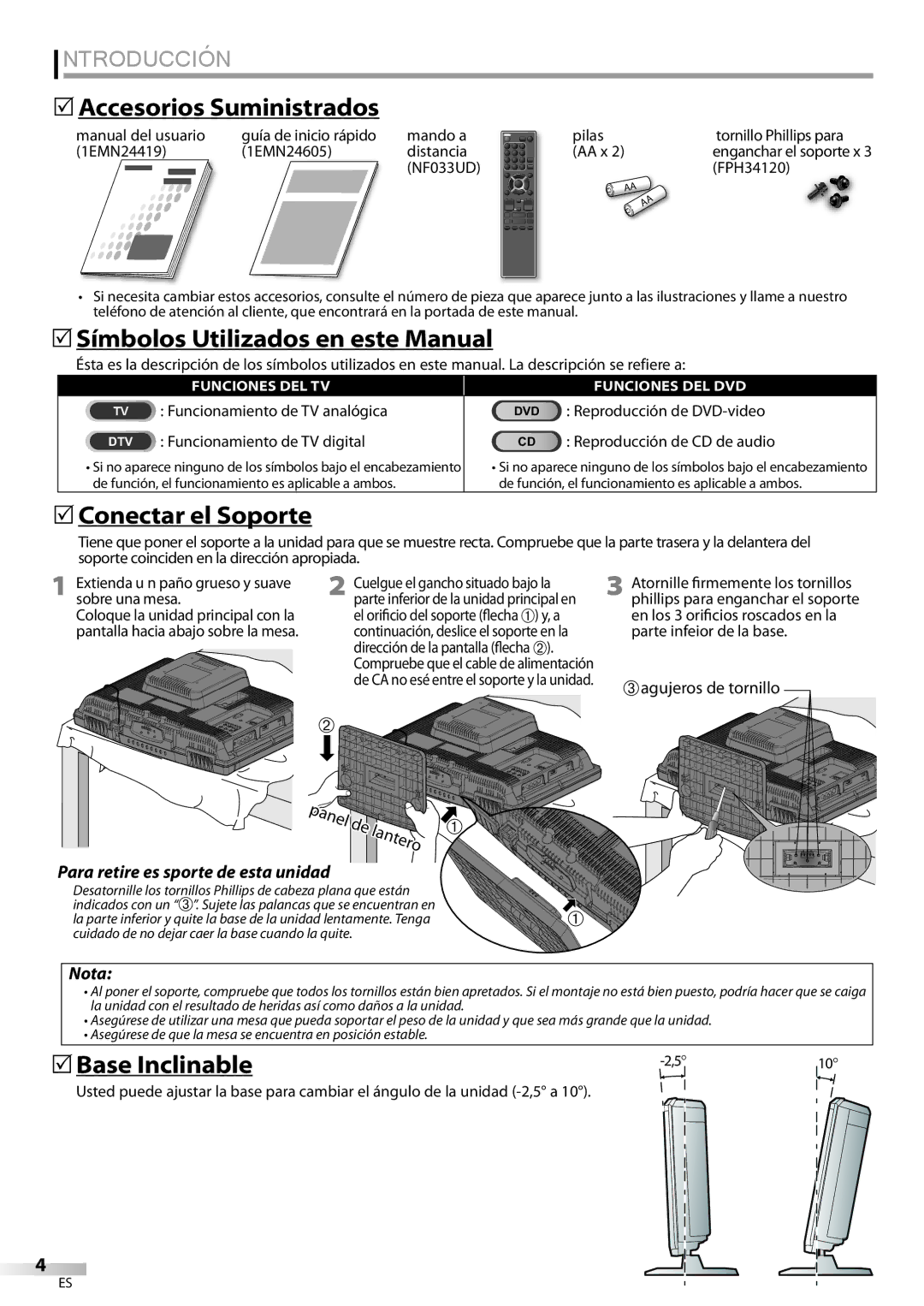 Sylvania LD195SSX Introducción, 5Accesorios Suministrados, 5Símbolos Utilizados en este Manual, 5Conectar el Soporte 