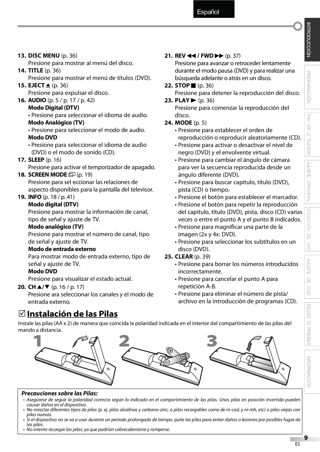 Sylvania LD195SSX owner manual 5Instalación de las Pilas, Modo Digital DTV, Modo Analógico TV, Modo de entrada externo 