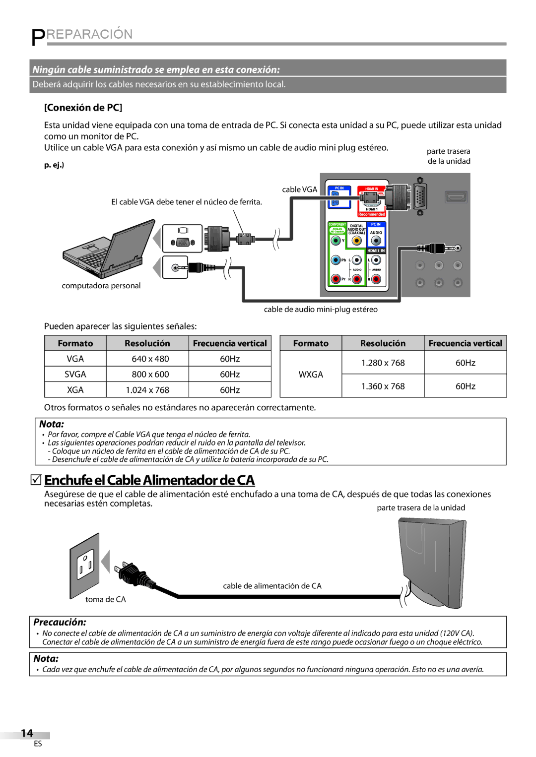 Sylvania LD195SSX 5EnchufeelCableAlimentadordeCA, Conexión de PC, Precaución, Pueden aparecer las siguientes señales 