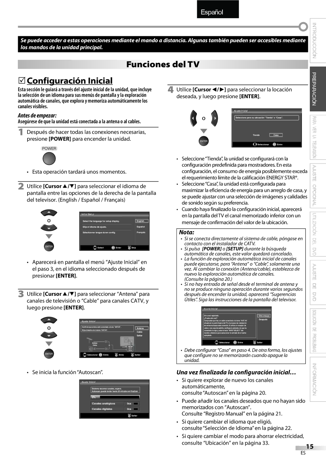 Sylvania LD195SSX Funciones del TV, 5Configuración Inicial, Antes de empezar, Una vez finalizada la configuración inicial… 