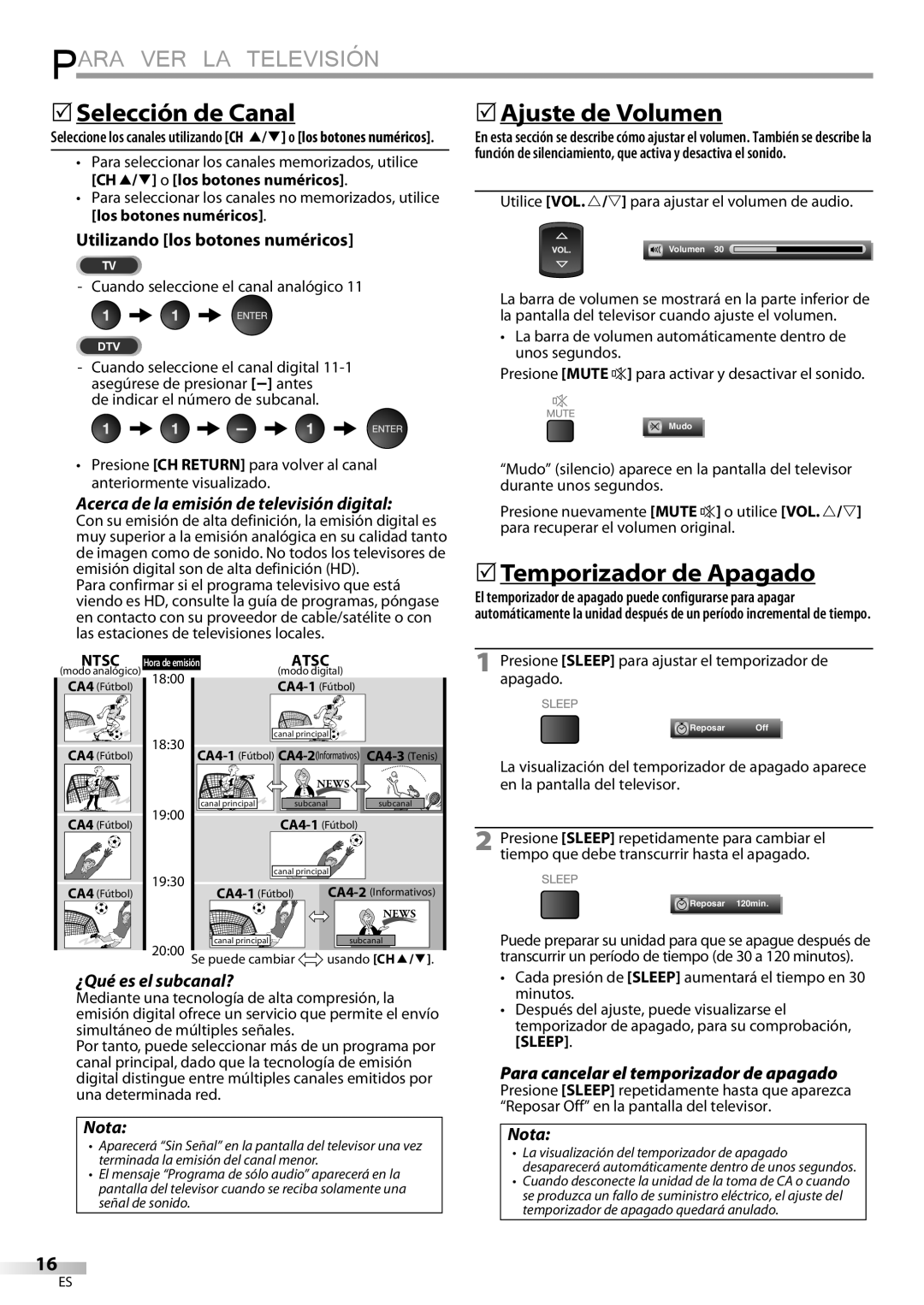 Sylvania LD195SSX owner manual Para VER LA Televisión, 5Selección de Canal, 5Ajuste de Volumen, 5Temporizador de Apagado 