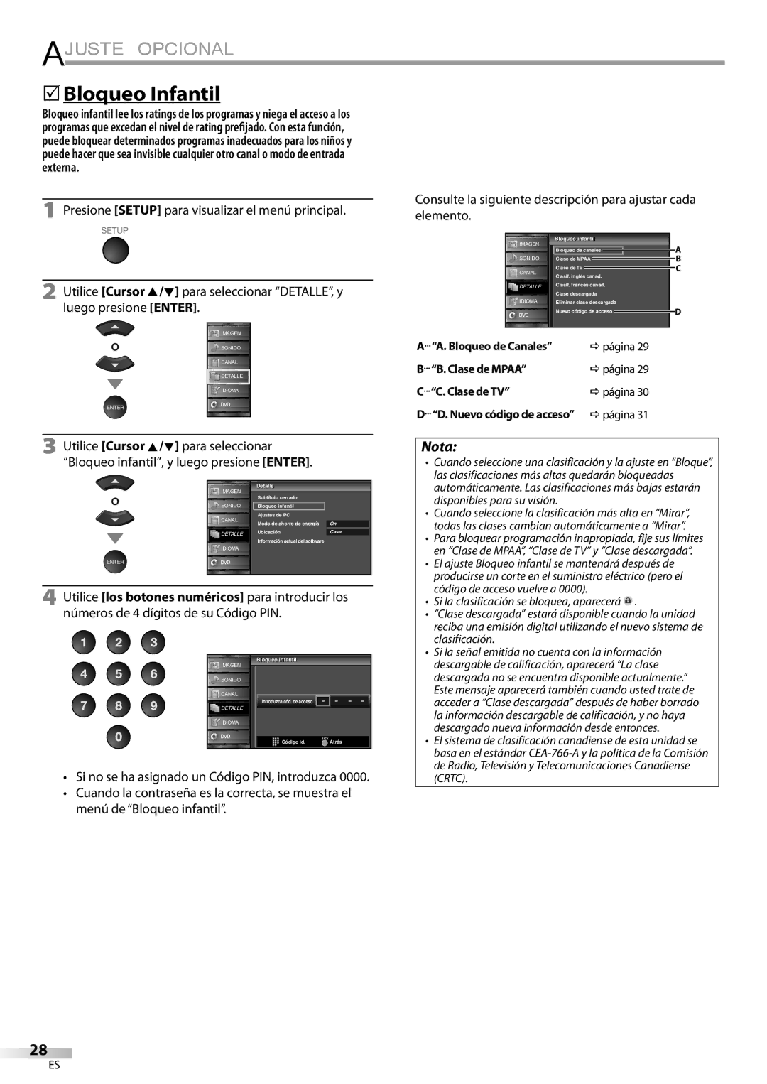 Sylvania LD195SSX owner manual 5Bloqueo Infantil, Nuevo código de acceso Dpágina, Bloqueo l infantil i il, Infantil i il 