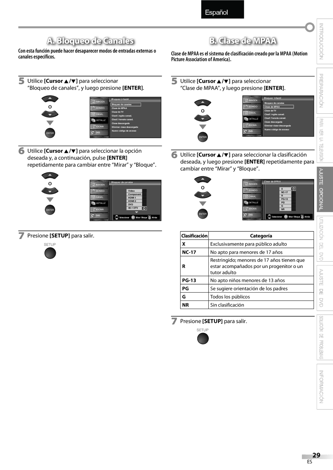 Sylvania LD195SSX owner manual Bloqueo de Canales, Clase de Mpaa, Categoría 