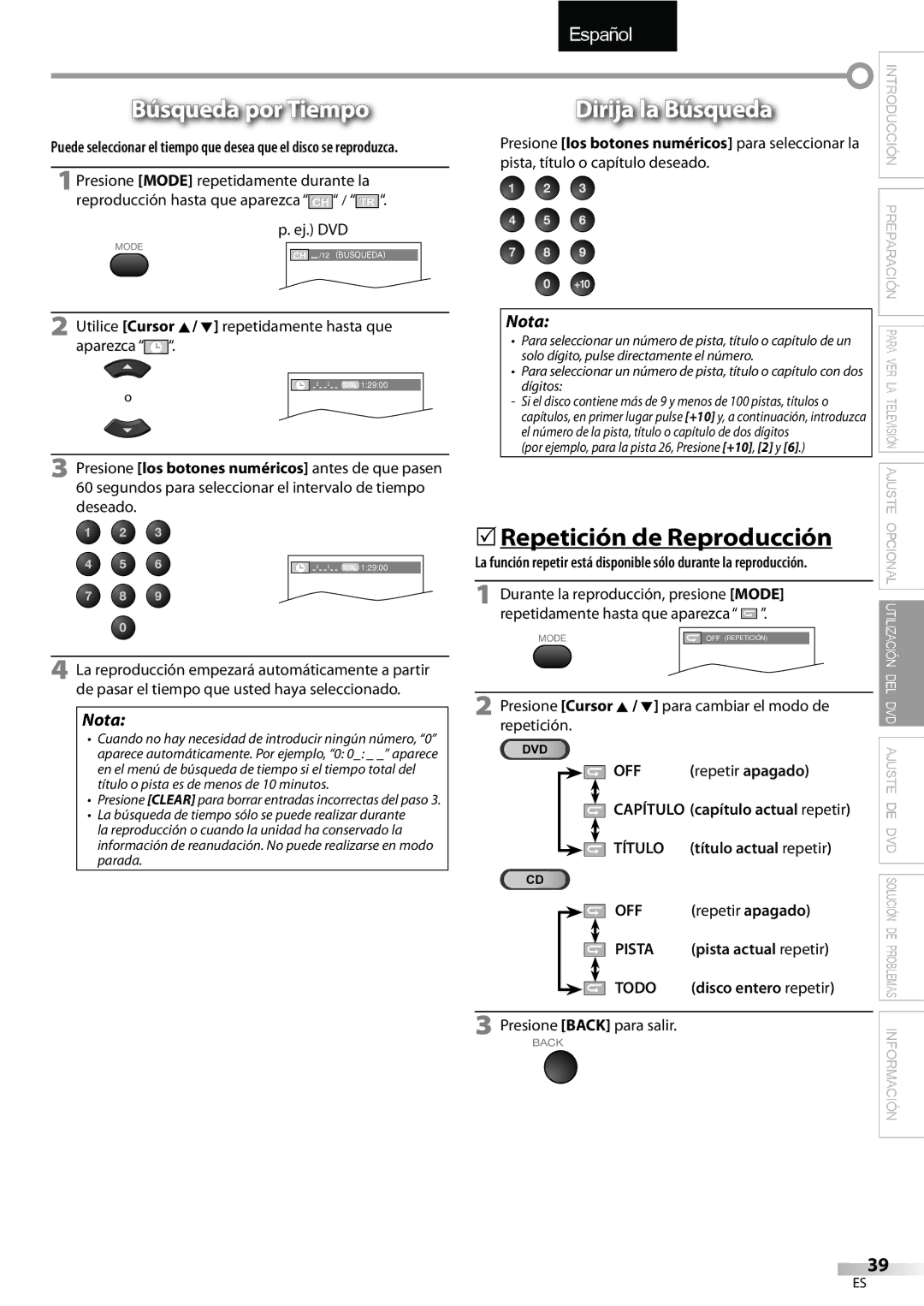 Sylvania LD195SSX owner manual Búsqueda por Tiempo, Dirija la Búsqueda, 5Repetición de Reproducción 