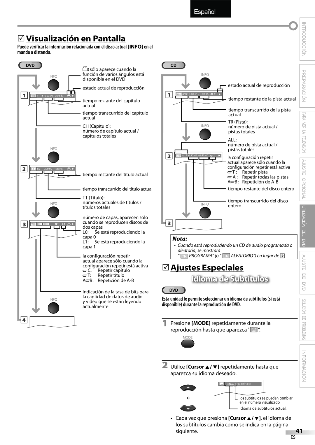 Sylvania LD195SSX owner manual 5Visualización en Pantalla, 5Ajustes Especiales, Idioma de Subtítulos, Siguiente.41 