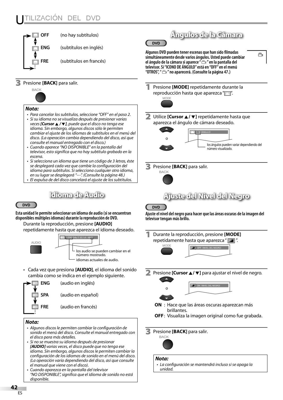 Sylvania LD195SSX owner manual Ángulos de la Cámara, Idioma de Audio, Ajuste del Nivel del Negro 