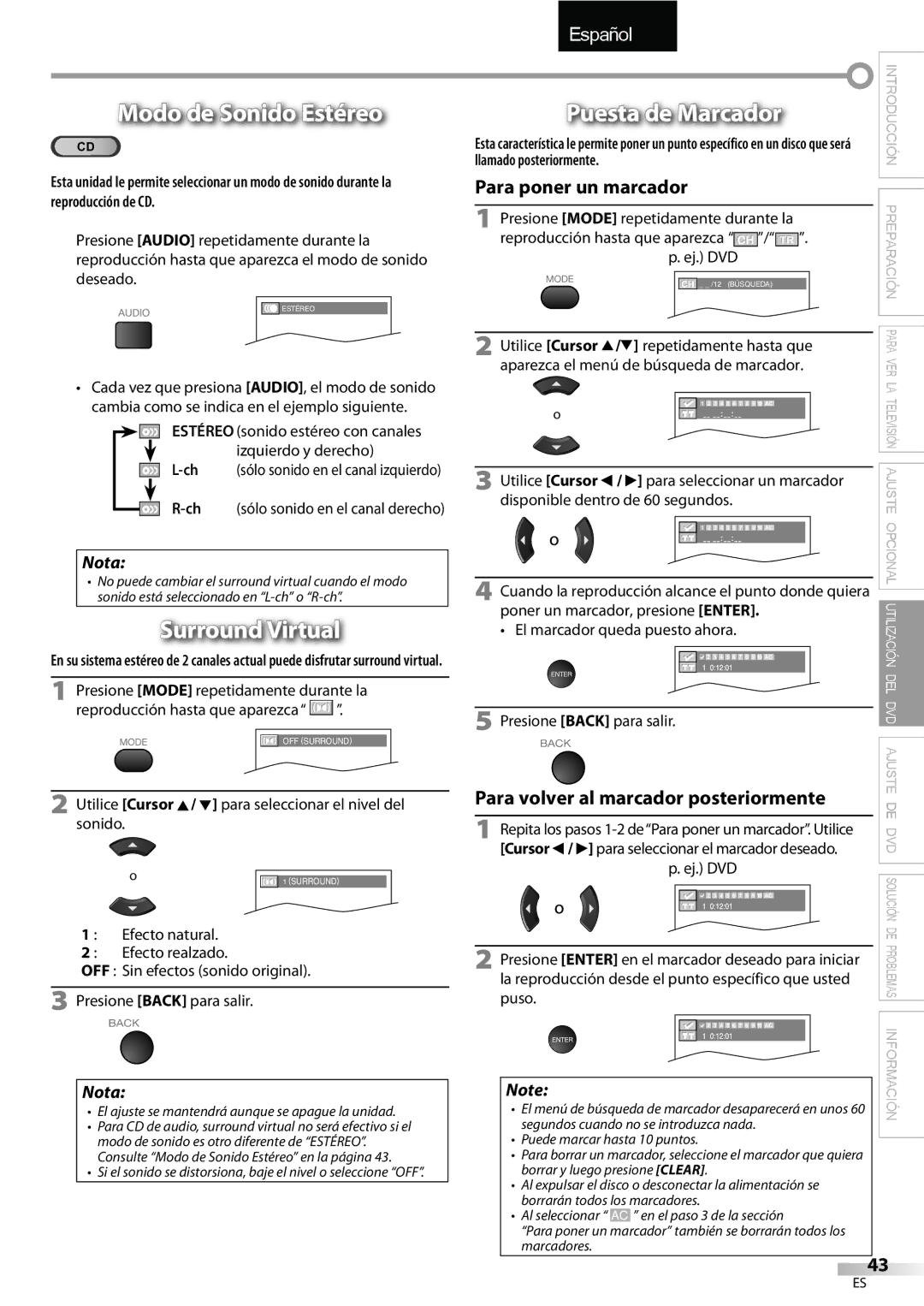 Sylvania LD195SSX owner manual Modo de Sonido Estéreo, Puesta de Marcador, Surround Virtual 