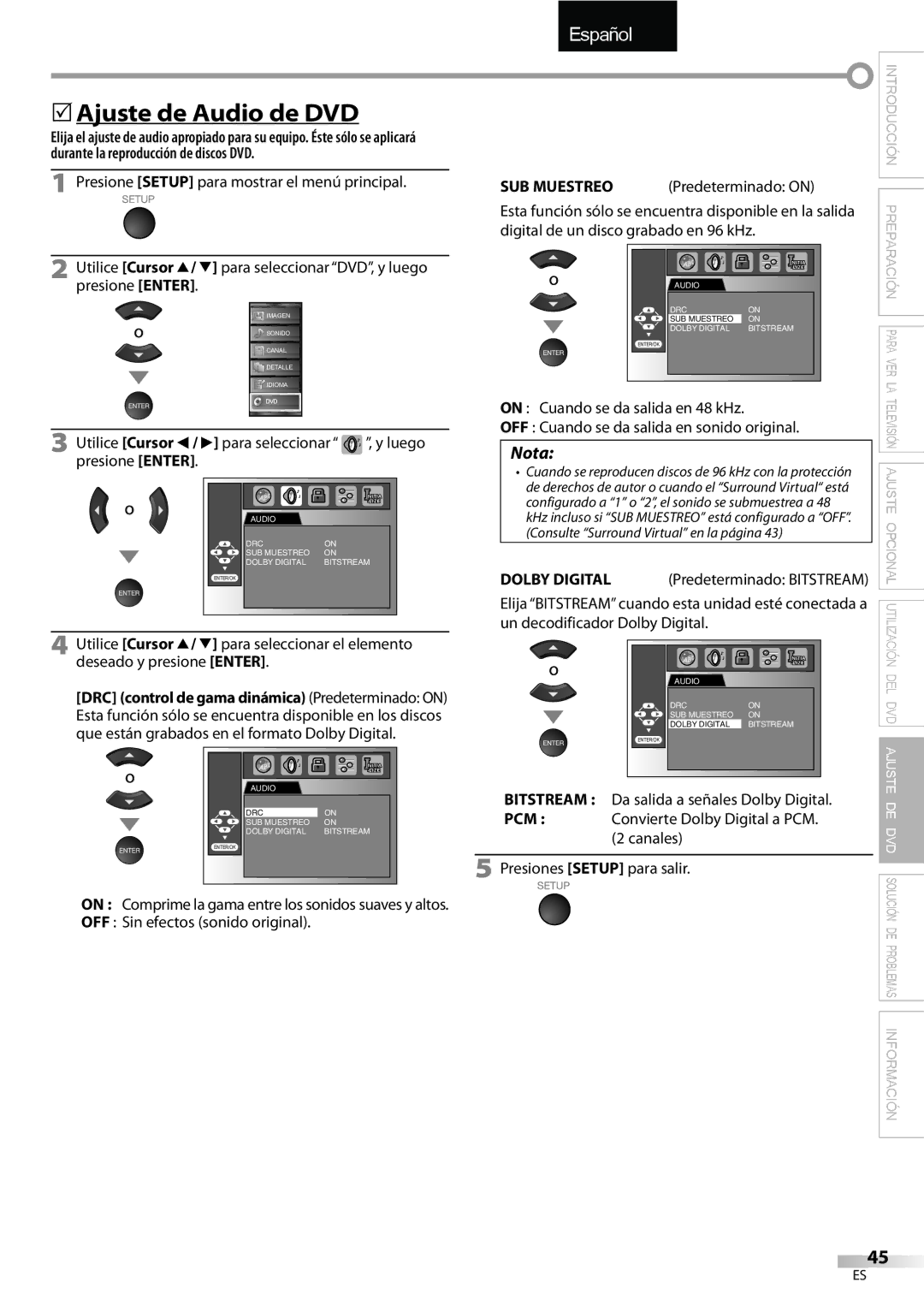 Sylvania LD195SSX owner manual 5Ajuste de Audio de DVD, SUB Muestreo, On Comprime la gama entre los sonidos suaves y altos 