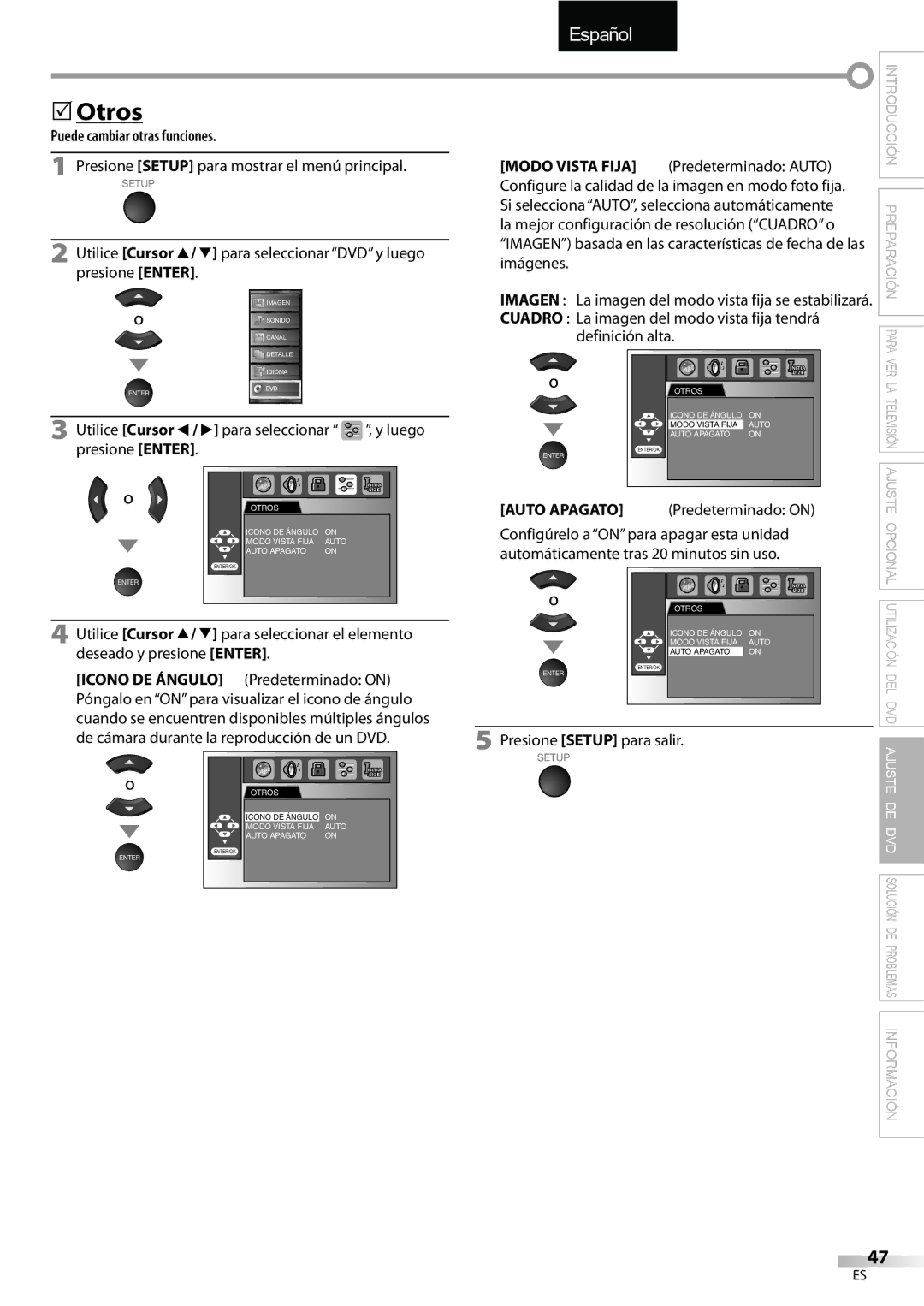 Sylvania LD195SSX Otros, Puede cambiar otras funciones, Cuadro La imagen del modo vista fija tendrá definición alta 