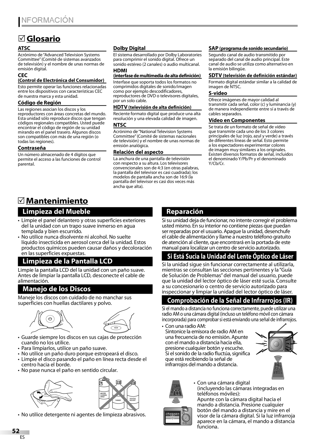 Sylvania LD195SSX owner manual Información, Glosario, Mantenimiento, Cec 