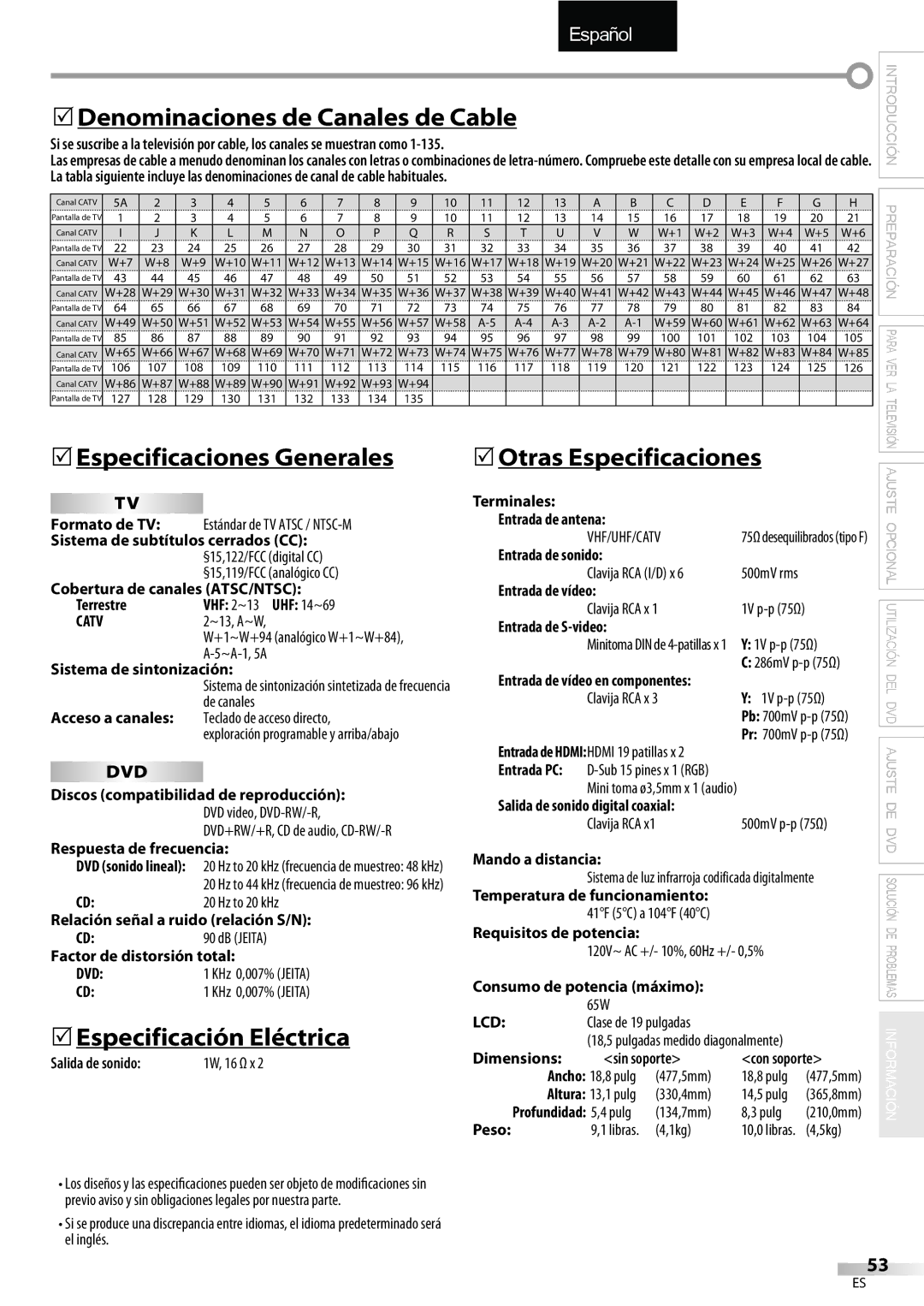 Sylvania LD195SSX owner manual 5Denominaciones de Canales de Cable, 5Especificaciones Generales, 5Especificación Eléctrica 