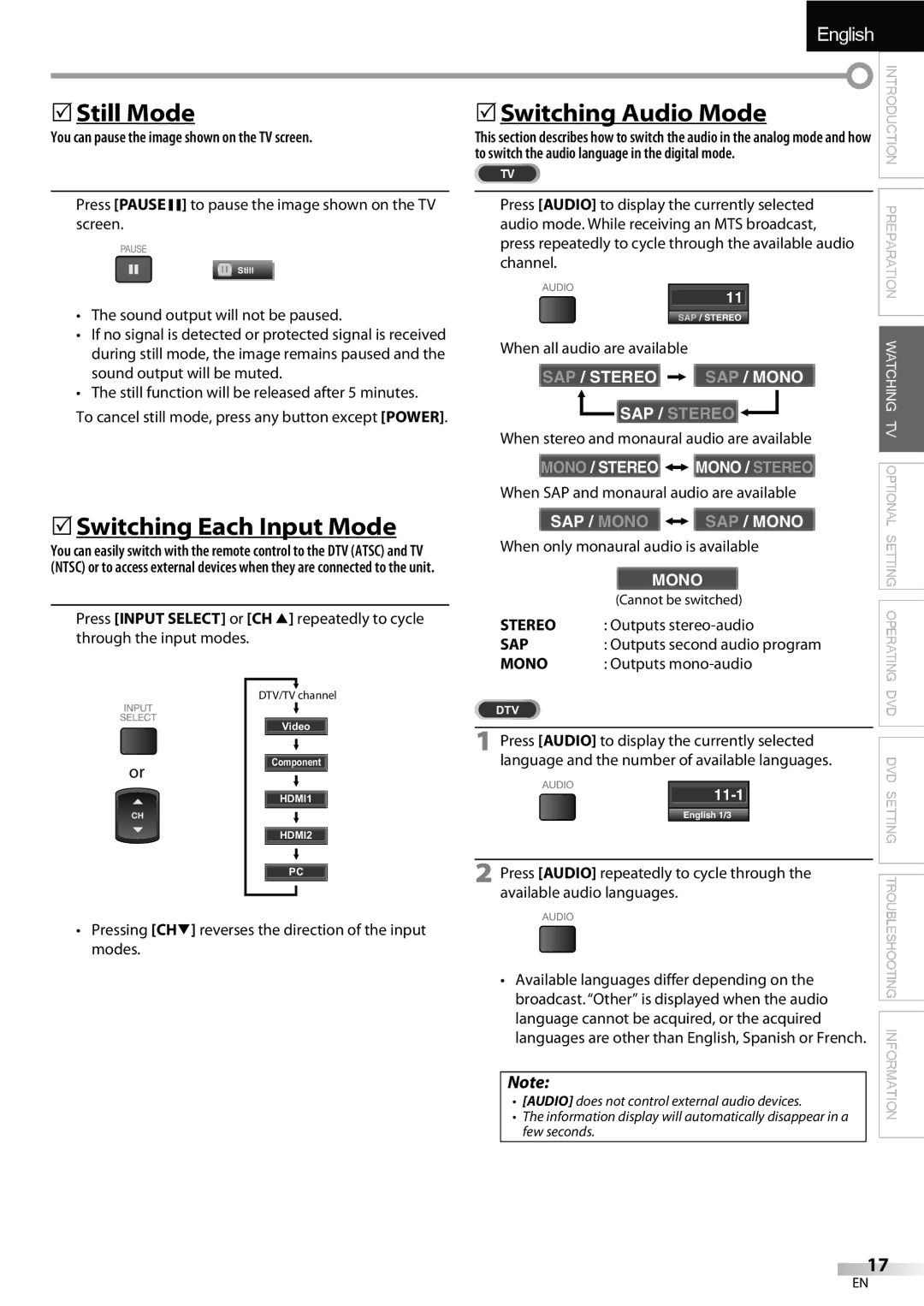 Sylvania LD195SSX owner manual 5Still Mode, 5Switching Each Input Mode, 5Switching Audio Mode 