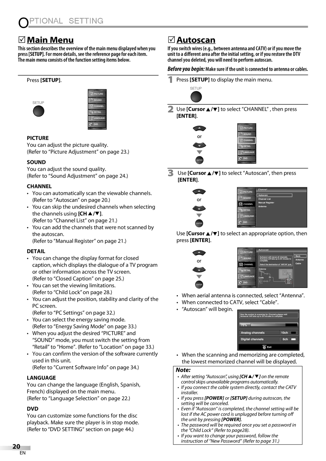 Sylvania LD195SSX owner manual Optional Setting, 5Main Menu, Autoscan 