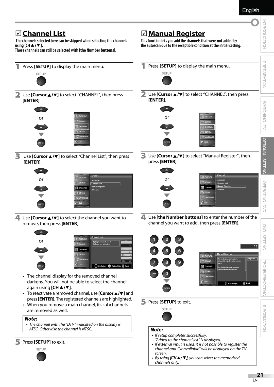 Sylvania LD195SSX 5Channel List, Press Setup to exit, Use Cursor K/L to select Manual Register, then, Press Enter 