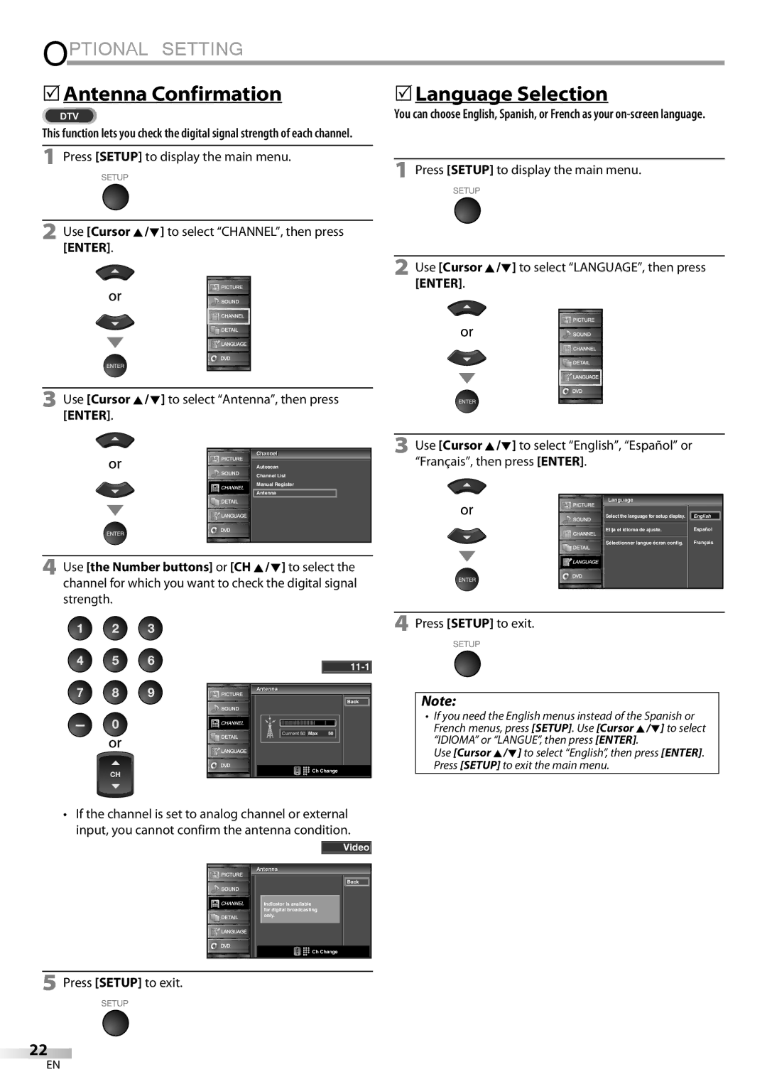 Sylvania LD195SSX owner manual 5Antenna Confirmation, 5Language Selection 