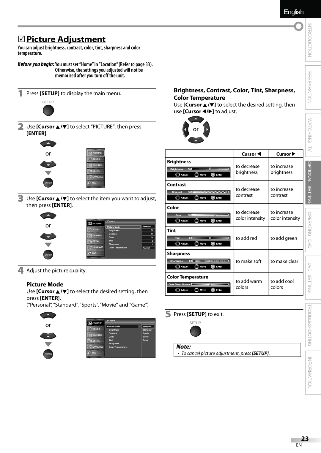 Sylvania LD195SSX owner manual 5Picture Adjustment, Picture Mode, Adjust the picture quality, Press Setup to exit 