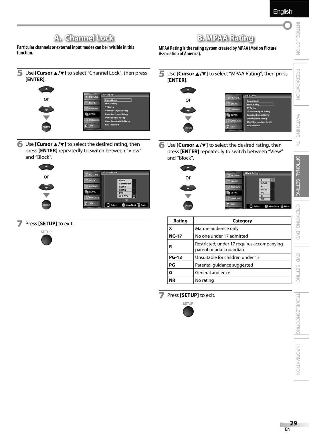 Sylvania LD195SSX owner manual Mpaa Rating, Use Cursor K/L to select Channel Lock, then press Enter 