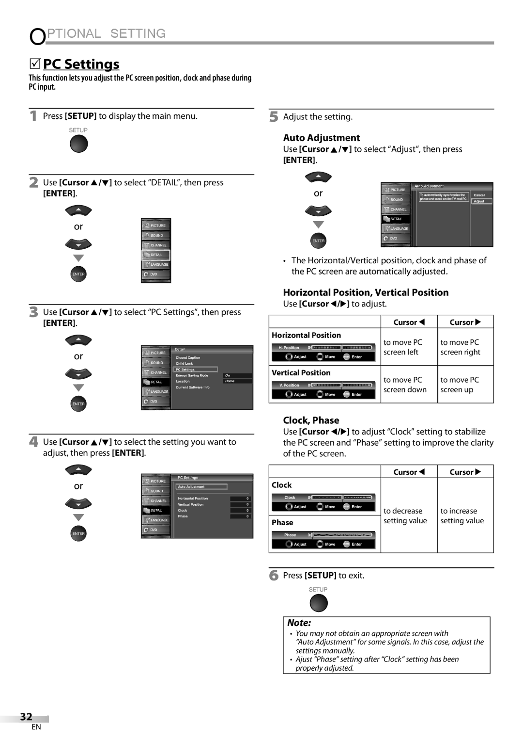 Sylvania LD195SSX owner manual 5PC Settings, Auto Adjustment, Horizontal Position, Vertical Position, Clock, Phase 