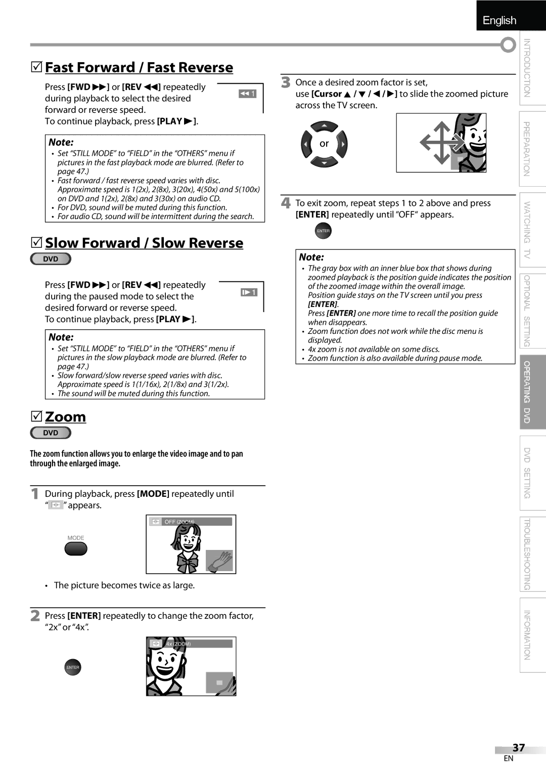 Sylvania LD195SSX owner manual 5Fast Forward / Fast Reverse, 5Slow Forward / Slow Reverse, Zoom 