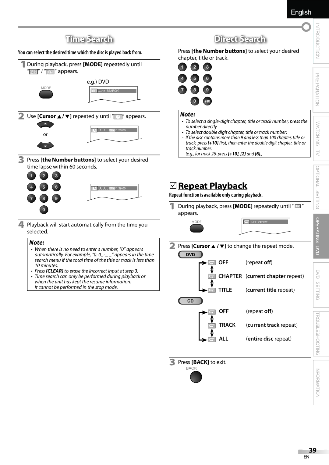 Sylvania LD195SSX owner manual Time Search, Direct Search, 5Repeat Playback 