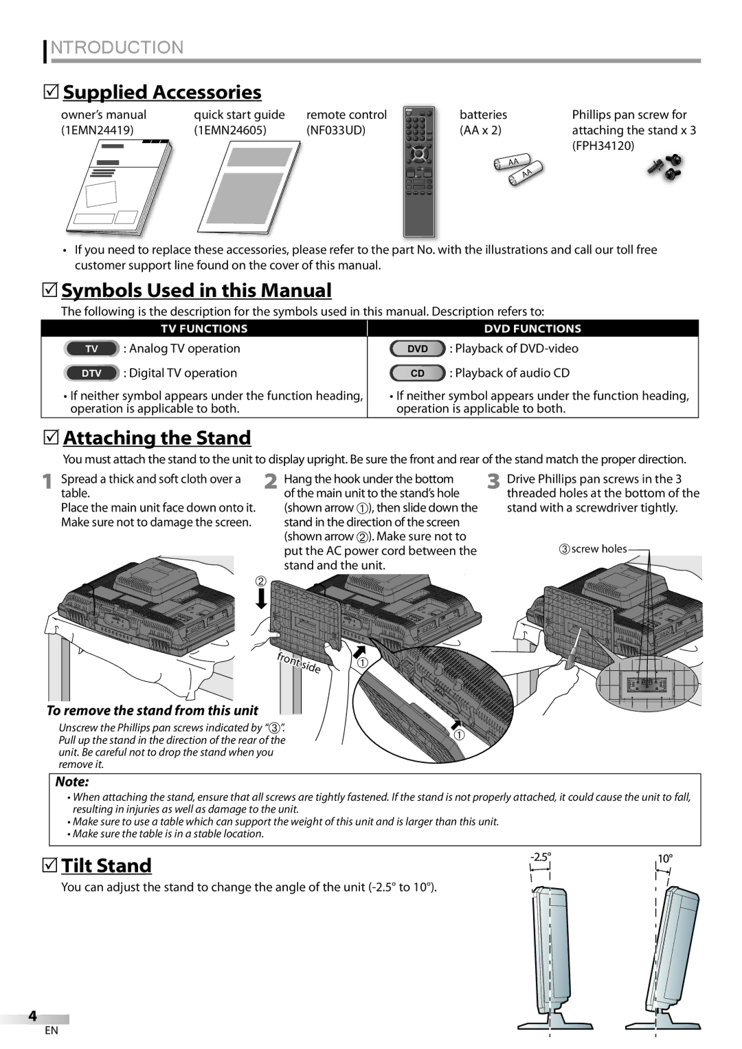 Sylvania LD195SSX Introduction, 5Supplied Accessories, 5Symbols Used in this Manual, 5Attaching the Stand, Tilt Stand 