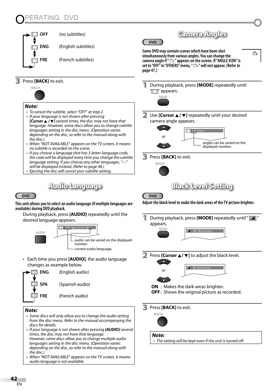 Sylvania LD195SSX Camera Angles, Audio Language, Black Level Setting, Press Cursor K/ L to adjust the black level 