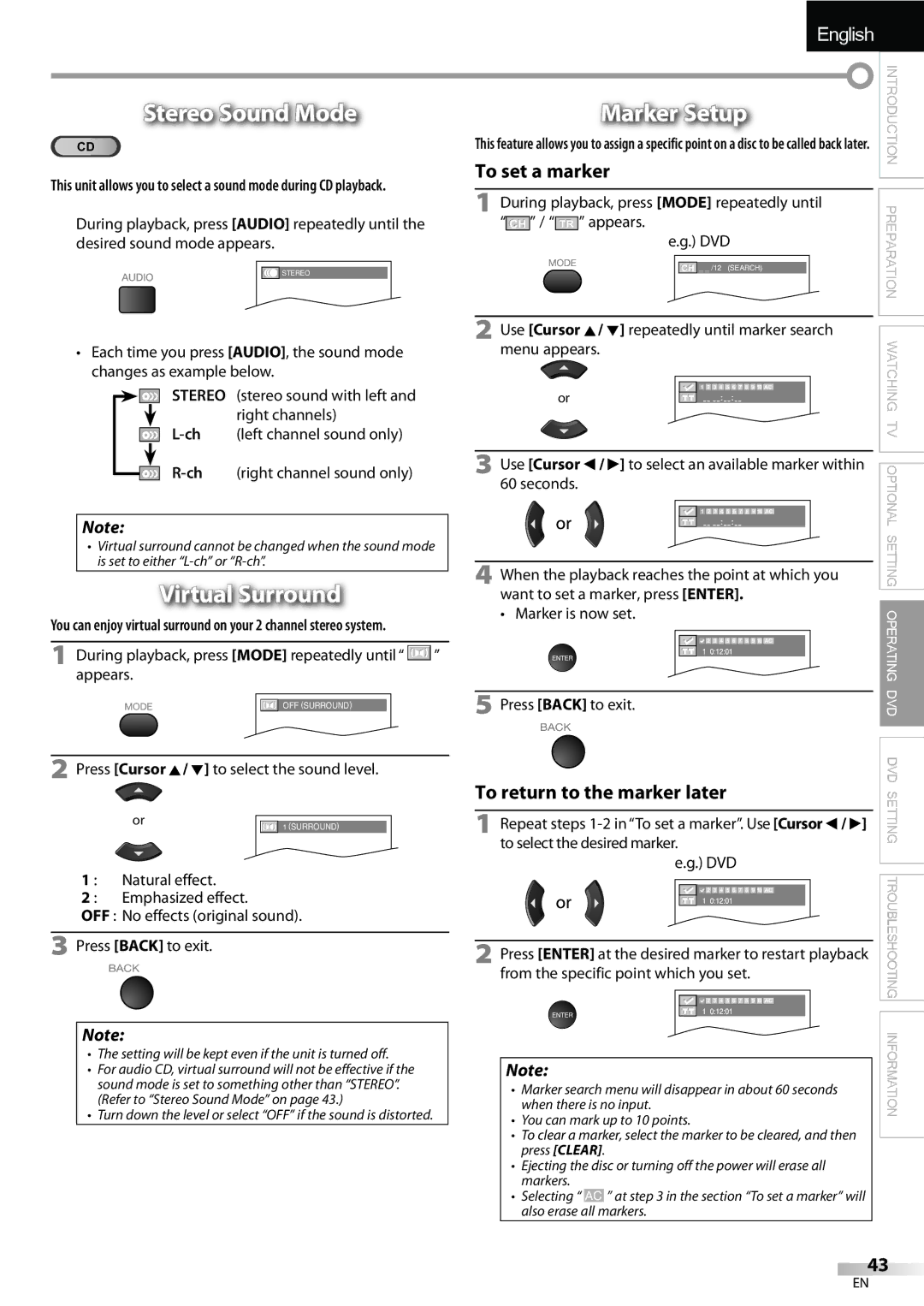 Sylvania LD195SSX owner manual Stereo Sound Mode, Marker Setup, Virtual Surround 