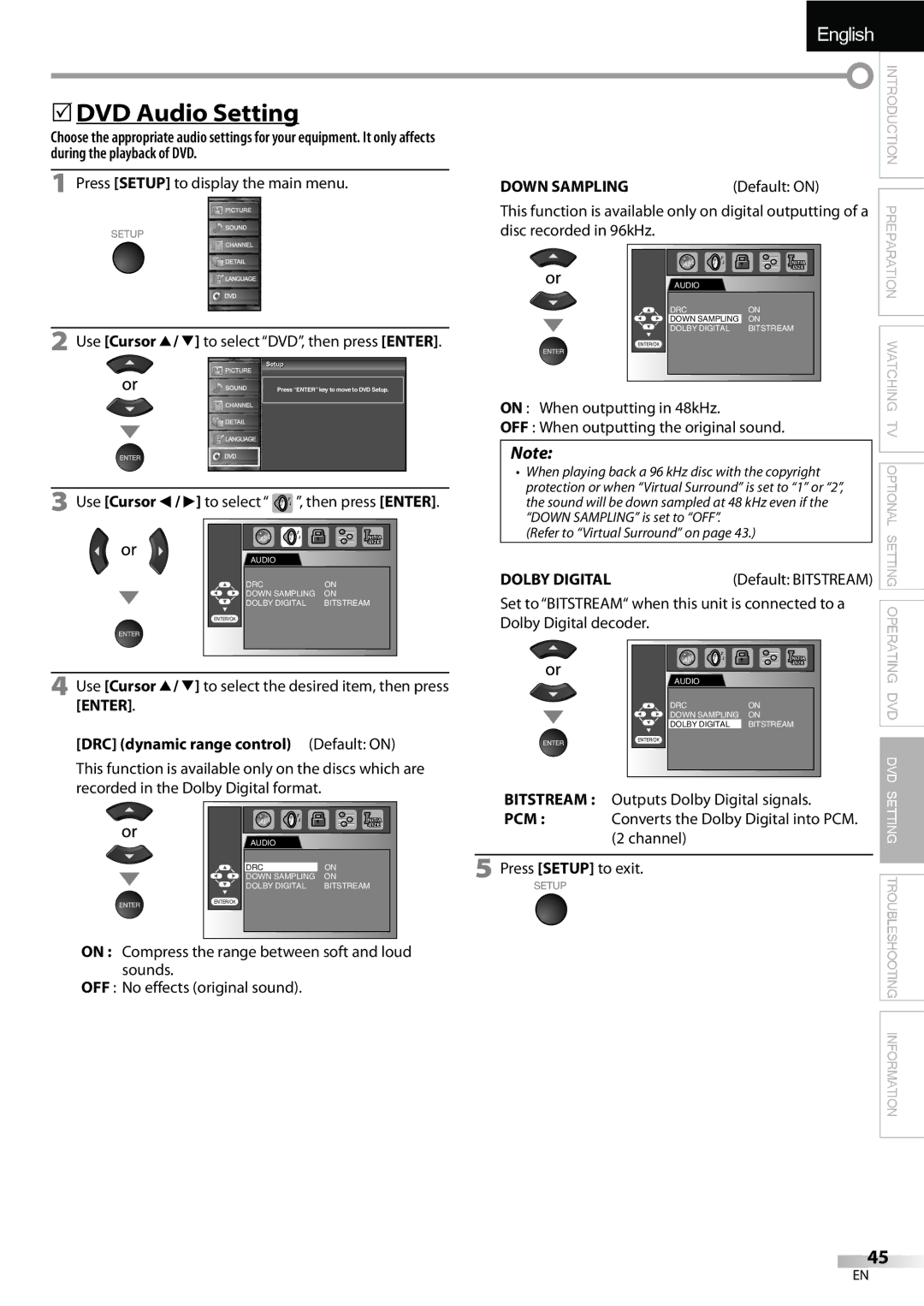 Sylvania LD195SSX owner manual 5DVD Audio Setting, DRC dynamic range control Default on, Down Sampling 