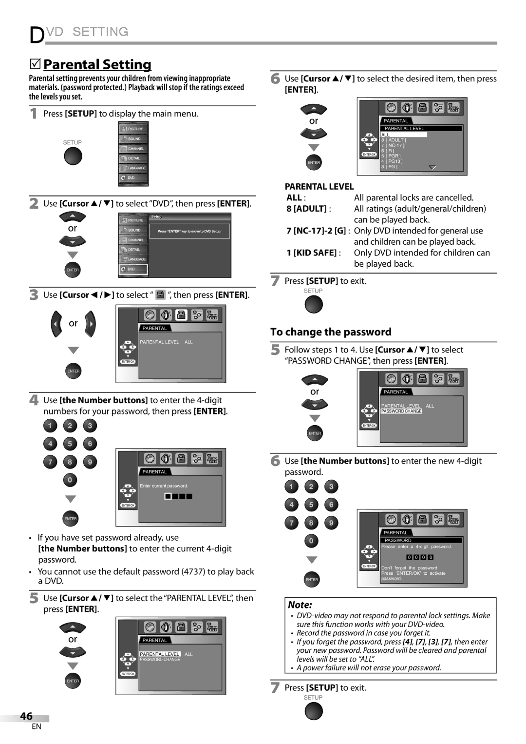 Sylvania LD195SSX owner manual 5Parental Setting, If you have set password already, use, Parental Level 