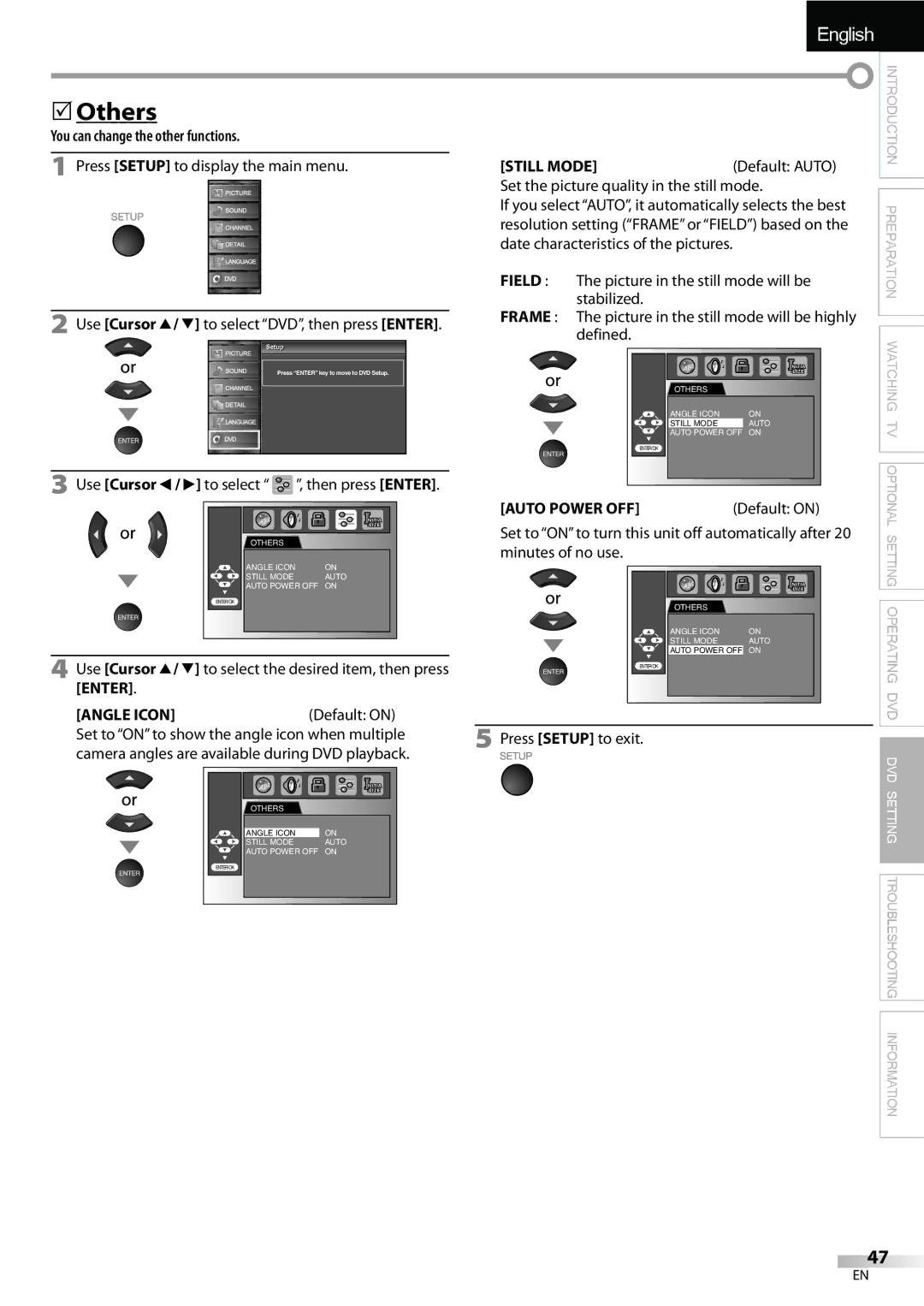 Sylvania LD195SSX owner manual Others, You can change the other functions, Still Mode, Field, Frame 