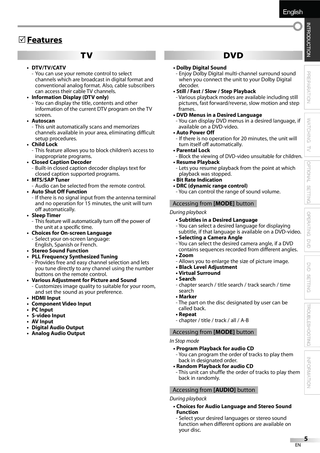 Sylvania LD195SSX owner manual Features, Dtv/Tv/Catv 