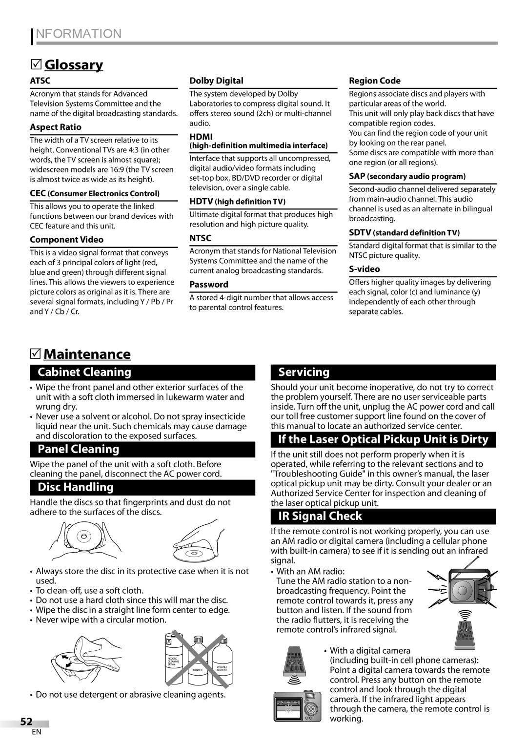 Sylvania LD195SSX owner manual Information, Glossary, Maintenance, Hdmi, Ntsc 