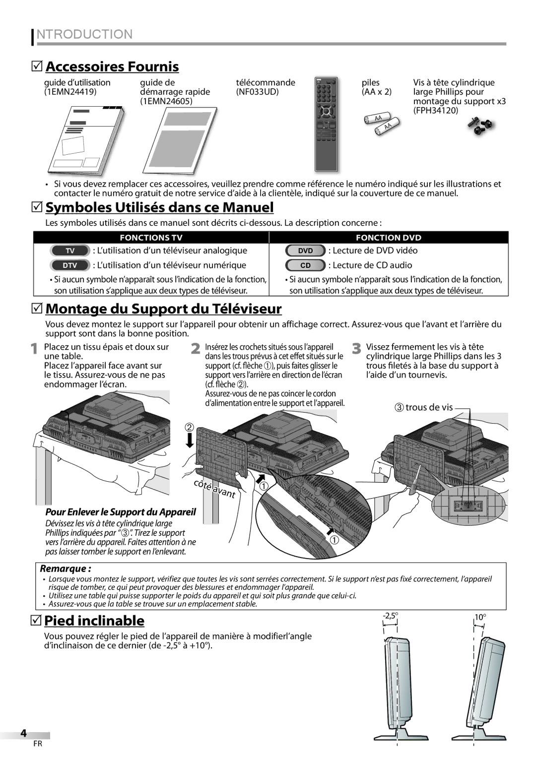 Sylvania LD195SSX owner manual Pied inclinable, Pour Enlever le Support du Appareil 