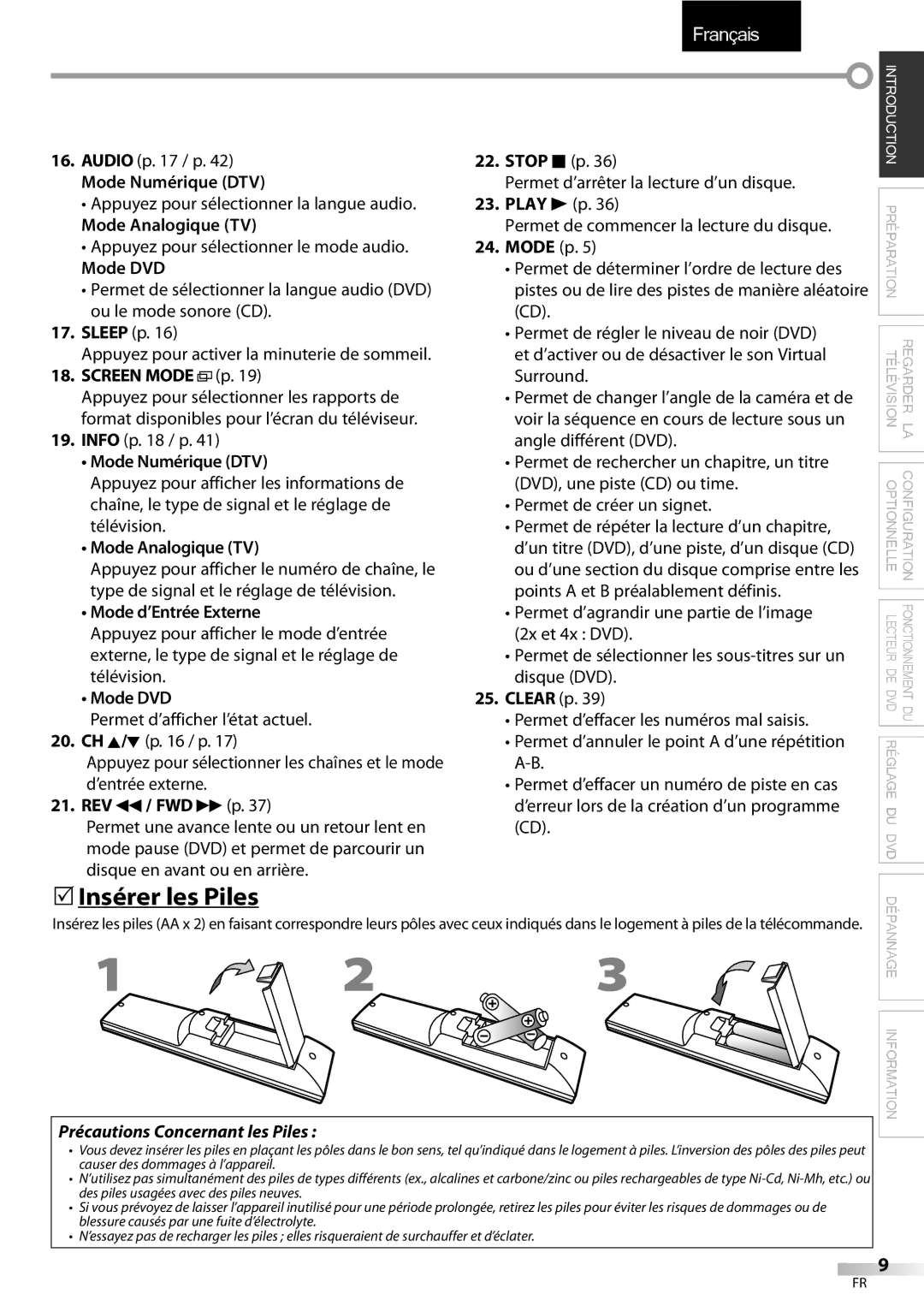 Sylvania LD195SSX owner manual 5Insérer les Piles, Mode Numérique DTV, Mode Analogique TV, Mode d’Entrée Externe 