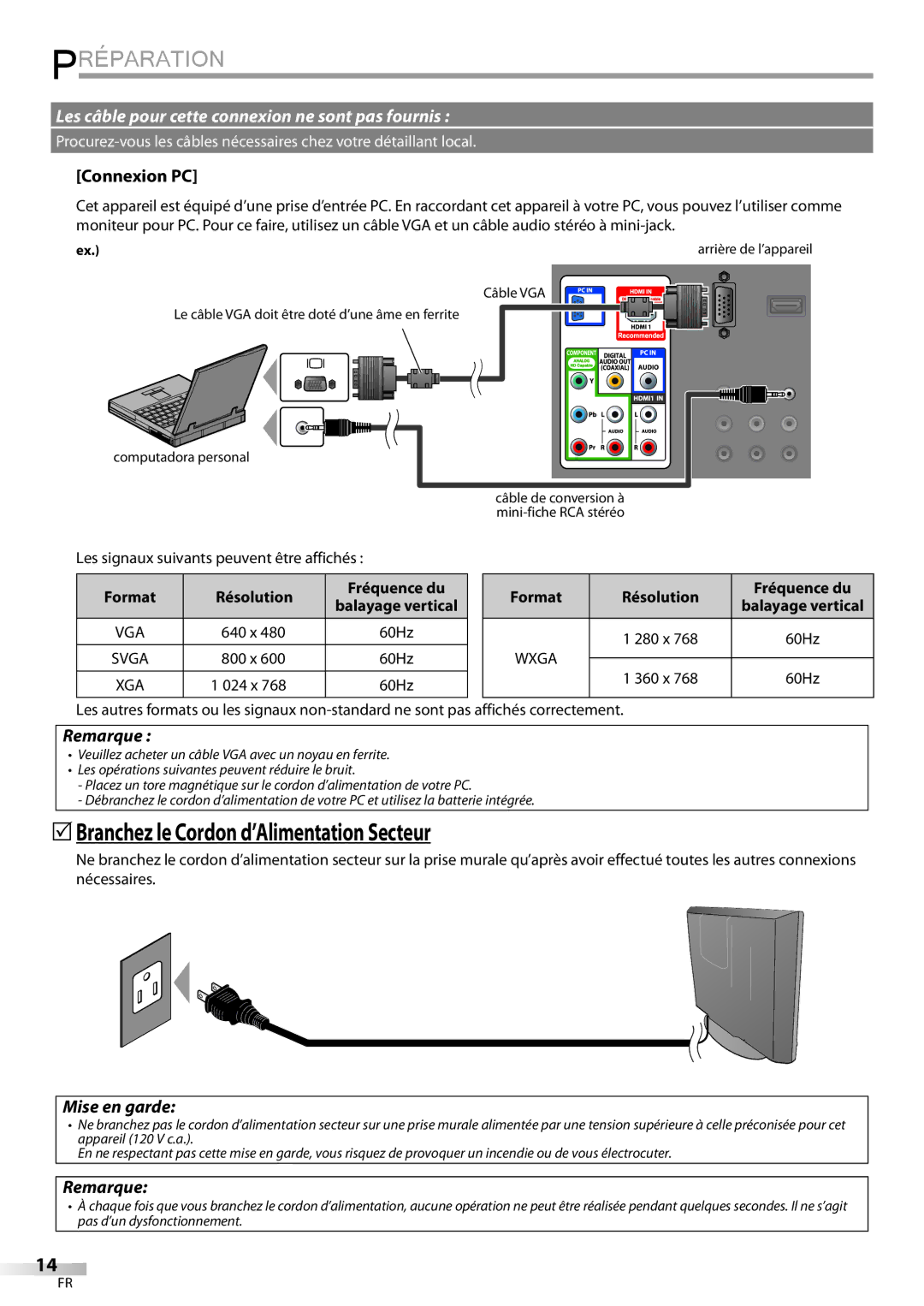 Sylvania LD195SSX owner manual 5Branchez le Cordon d’Alimentation Secteur, Connexion PC, Mise en garde, Format, Résolution 